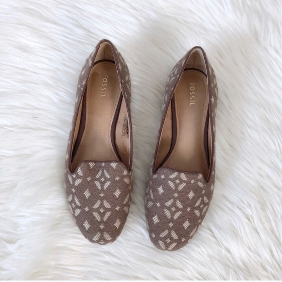 Fossil Shoes - Fossil Brown Embossed Canvas Loafers Flats